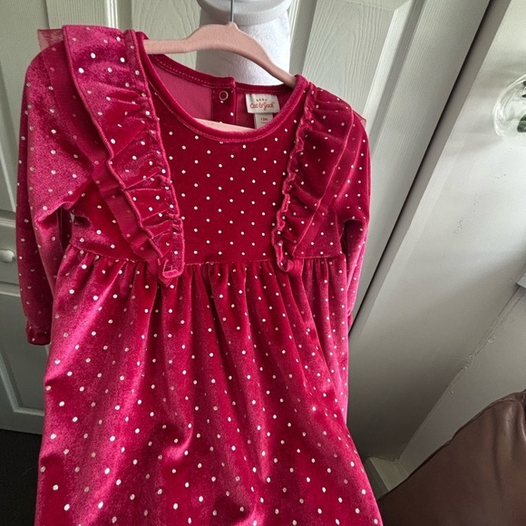 Cat & Jack Baby Velvet Red Dress with Silver Polka Dots - Picture 3 of 9